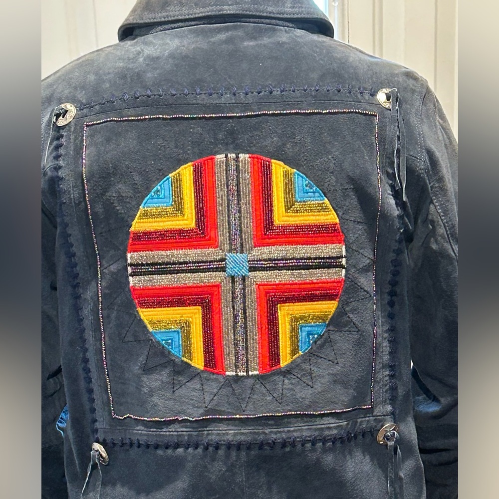 IMPRESSIONS by REM GARSON Vintage Blue Suede Leather Jacket beaded SW Sun XS NWT - Picture 3 of 9